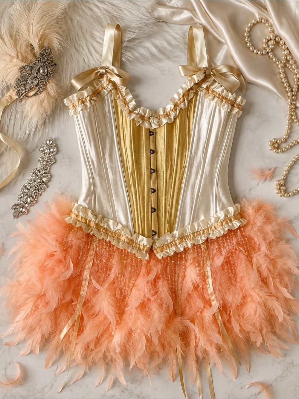 Great Gatsby Gold Corset Feather Burlesque Costume + Headpiece Size L NEW